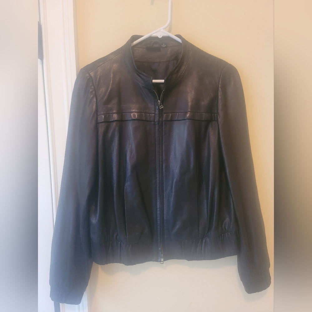 A.N.A Black Genuine Leather Mock Moto Bomber Zip Coat Jacket